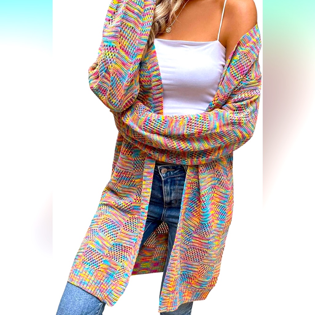 Women's Color Block Long Sleeve Open Front Cardigan Sweater Knit Crop Top